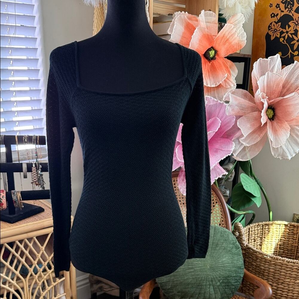 Abercrombie & Fitch Black Pointelle Knit Long Sleeve Square Neck Body Suit